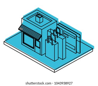 store building with shopping bags and credit card isometric icon