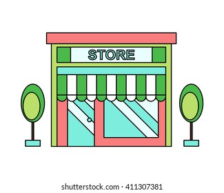 Store building, storefront. Thin line art, web design element