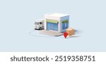 Store building, truck, box, location icon, 3D. Modern banner for business concepts of logistics, transportation, quick delivery of goods. Vector