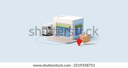 Store building, truck, box, location icon, 3D. Modern banner for business concepts of logistics, transportation, quick delivery of goods. Vector