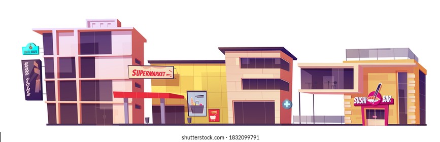Store buildings, brand clothes shop, supermarket, coffee house and sushi bar facade. Modern city architecture exterior, market place front view isolated on white background Cartoon vector illustration