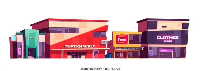 Store buildings, clothes shop, supermarket, fast food court and pharmacy facades. Modern city architecture exteriors, market place front view isolated on white background, Cartoon vector illustration