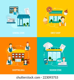 Store buildings flat icons set with sweet fashion general shop mall vector illustration