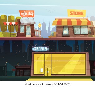 Store buildings horizontal banners set with car dealer symbols cartoon isolated vector illustration 