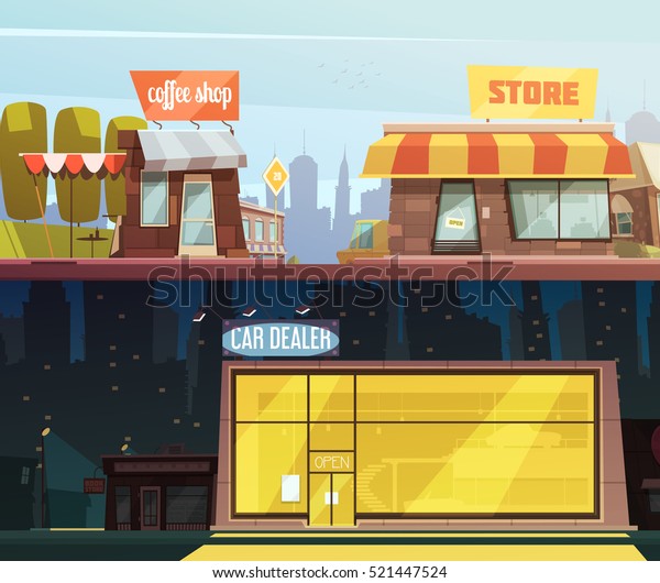 Store buildings horizontal\
banners set with car dealer symbols cartoon isolated vector\
illustration 