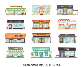 Store buildings. Local restaurant, shop and business building exterior vector Illustration set of shop building, business store and local retail