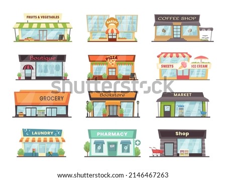 Store buildings. Local restaurant, shop and business building exterior vector Illustration set of shop building, business store and local retail