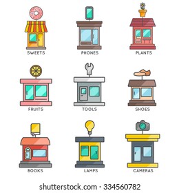 store buildings set. vector shop illustration. sweets, phones, plants, fruits, tools, shoes, books, lamps, cameras. line modern style flat collection icons