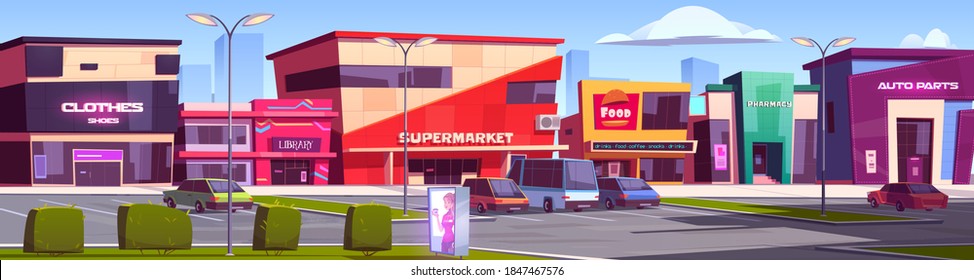 Store buildings, shopping area with parking, clothes shop, supermarket, library, fast food court, auto parts and pharmacy facades. Modern city architecture front exteriors, Cartoon vector illustration