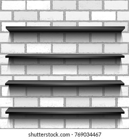 Store business showcase template with shadow on white brick wall background. Advertising plastic panel shelf shop. Sale exhibition interior furniture