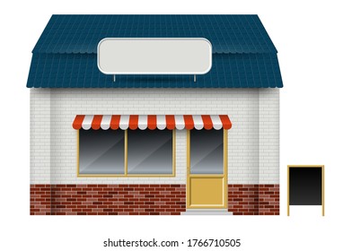 Store or cafe front view on white background. Isolated vector illustration of exterior facade building