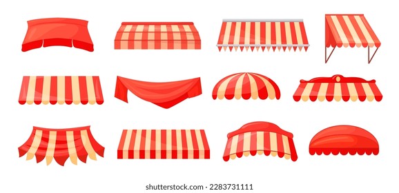 Store canopies. Red storefront canopy or striped awnings shop, sunshade sheltered market rain tent for roof restaurant window umbrella cafe, vector illustration of canopy market, storefront sunshade