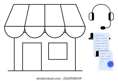 A store with a canopy, a headset, and a document with a checkmark and clips. Ideal for small business, customer support, documentation, online retail, and ecommerce. Minimalist, modern style