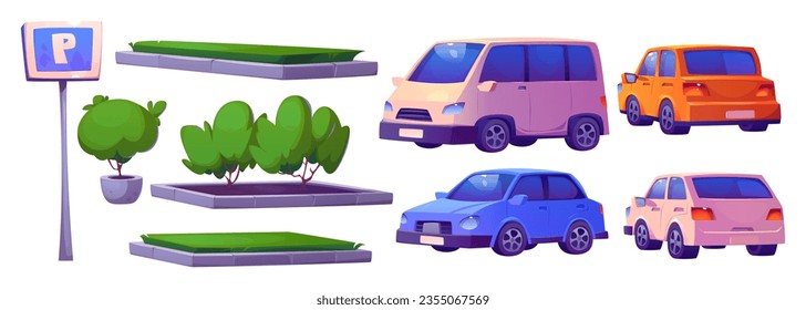 Store car parking exterior element vector design. Clipart template set for outside street drive vehicle area near shop. Grass garden and pot outdoor object collection. Hypermarket transport place