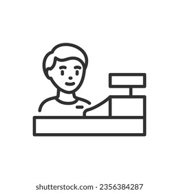 Store cashier behind the cash register, linear icon. Line with editable stroke