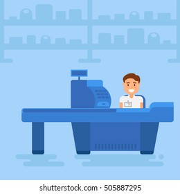 Store with cashier near cash desk. Store or market retail interior. Shopping concept illustration. Vector