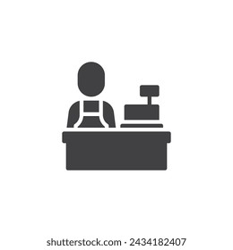 Store cashier vector icon. filled flat sign for mobile concept and web design. Cashier at the checkout counter glyph icon. Symbol, logo illustration. Vector graphics