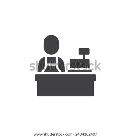 Store cashier vector icon. filled flat sign for mobile concept and web design. Cashier at the checkout counter glyph icon. Symbol, logo illustration. Vector graphics