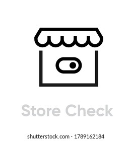 Store Check icon. Editable line vector. Stylized icon of an online store with a protection inclusion sign. Single pictogram.