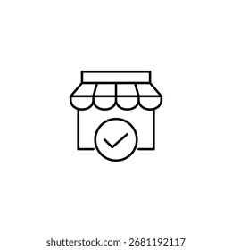 Store and checkmark. Shopping, verified user account and purchase. Pixel perfect, editable stroke vector icon