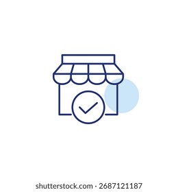 Almacenar y marcar. Compras, Cuenta de usuario verificada y compra. Icono de Vector de trazo perfecto y editable