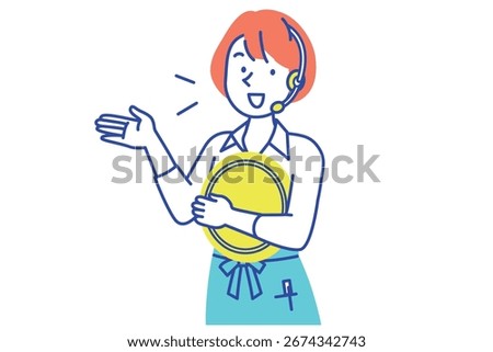 A store clerk in an apron providing instructions via intercom