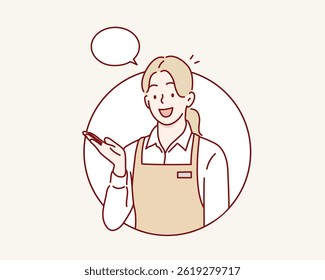 Assistente do funcionário da loja que auxilia o cliente com o serviço. Ilustrações de design de vetor de estilo desenhado à mão.