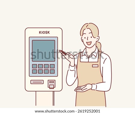 Store Clerk Assisting at Self-Service Kiosk. Hand drawn style vector design illustrations.