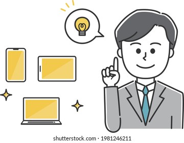 Store clerk explaining handheld devices. Vector illustration isolated on white background.