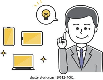Empleado de la tienda explicando los dispositivos de mano. Ilustración vectorial aislada en fondo blanco.