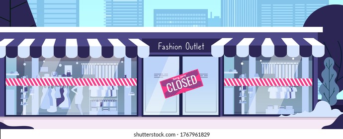 Store closed. Financial crisis, pandemic bankruptcy or troubles in business. Fashion store building on street, modern city landscape vector illustration