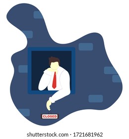 Store is closed. Seller consultant in window holds tablet closed. Small business closure due to coronavirus. Bankruptcy. Sad businessman in shirt and tie. Vector flat illustration isolated on white. 