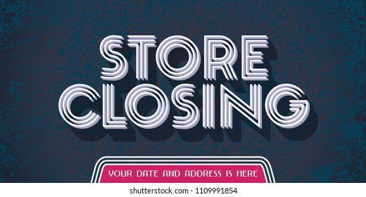 Store closing vector illustration, background with bold sign. Horizontal banner, flyer for store shutting down clearance  sale 