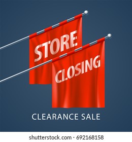 Store closing vector illustration, background with red flags. Template banner  for clearance sale