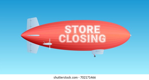 Store closing vector illustration. Template banner, flyer with blimp on background and store closing sign for clearance sale from stock