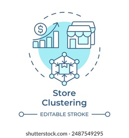 Store clustering soft blue concept icon. Divide stores into segments. Retail strategy. Marketing. Round shape line illustration. Abstract idea. Graphic design. Easy to use in presentation