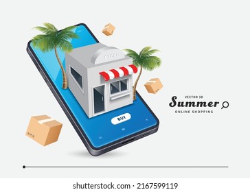 Store and coconut tree place on smartphone screen and parcel boxes floating around in the air,vector 3d isolated for online shopping and delivery summer sale advertising concept design