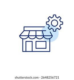 Store and cogwheel. Retail settings, inventory management, shop system configuration, point of sale control, store operations setup. Pixel perfect, editable stroke vector icon