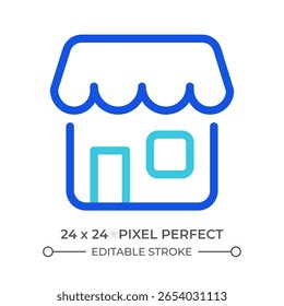 Ícone de interface do usuário de linha colorida da loja. Mercado de compras, comércio varejista. Negócio de supermercado. Atendimento ao cliente. Símbolo linear duotônico de vetor isolado. Elemento de interface do usuário, pixel perfect