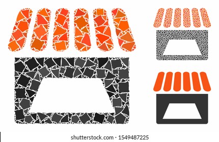 Store composition of rugged parts in variable sizes and color tints, based on store icon. Vector bumpy parts are grouped into collage. Store icons collage with dotted pattern.