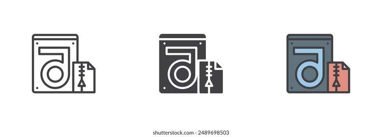 Store compressed folder and hdd different style icon set. Line, glyph and filled outline colorful version, outline and filled vector sign. Hard drive data recovery symbol, logo illustration.