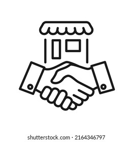 Store cooperation and hand shake symbol. Property dealer making a deal handshake vector linear illustration.