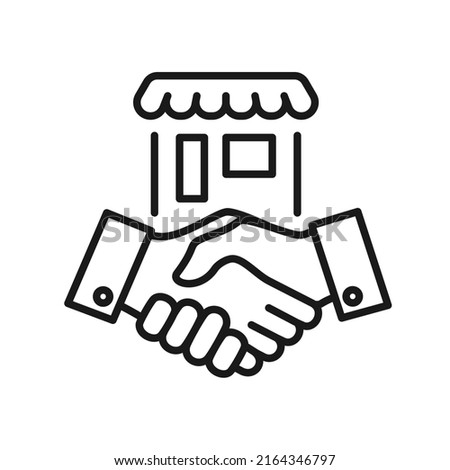 Store cooperation and hand shake symbol. Property dealer making a deal handshake vector linear illustration.