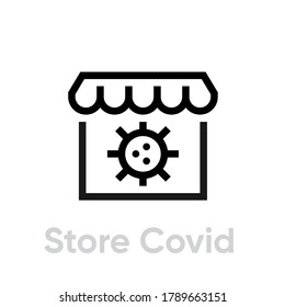 Store Covid icon. Editable line vector. Bacteria symbol inside a stylized store building with awning. Single pictogram.