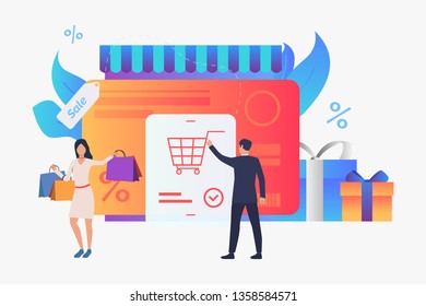 Store with credit card, gift boxes, buyers vector illustration. Purchase, sale, e-commerce. Shopping concept. Creative design for website templates, posters, banners