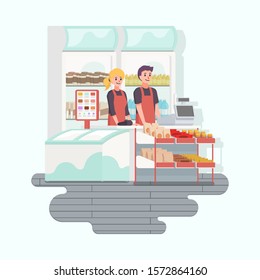 Store crew as cashier inside the store with goods sold. Made in the style of 2D vector design.