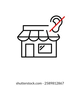 Store and crossed out ear symbol. No in-store announcements, silent checkout. Hearing-impaired customer service. Pixel perfect, editable stroke vector icon