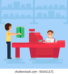 Store with customer and cashier near cash desk. Store or market retail interior. Shopping concept illustration. People are paying purchase. Vector
