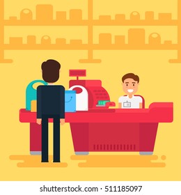 Store with customer and cashier near cash desk. Store or market retail interior. Shopping concept illustration. People are paying purchase. Vector