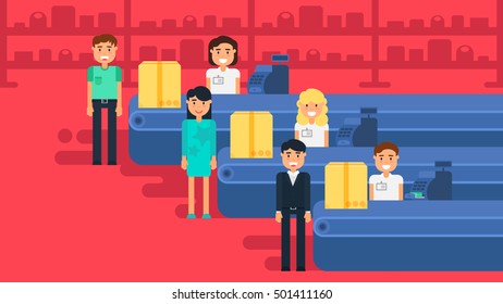 Store with customers crowd and cashier near cash desk. Store or market retail interior. Shopping concept illustration. People are paying purchase. Vector